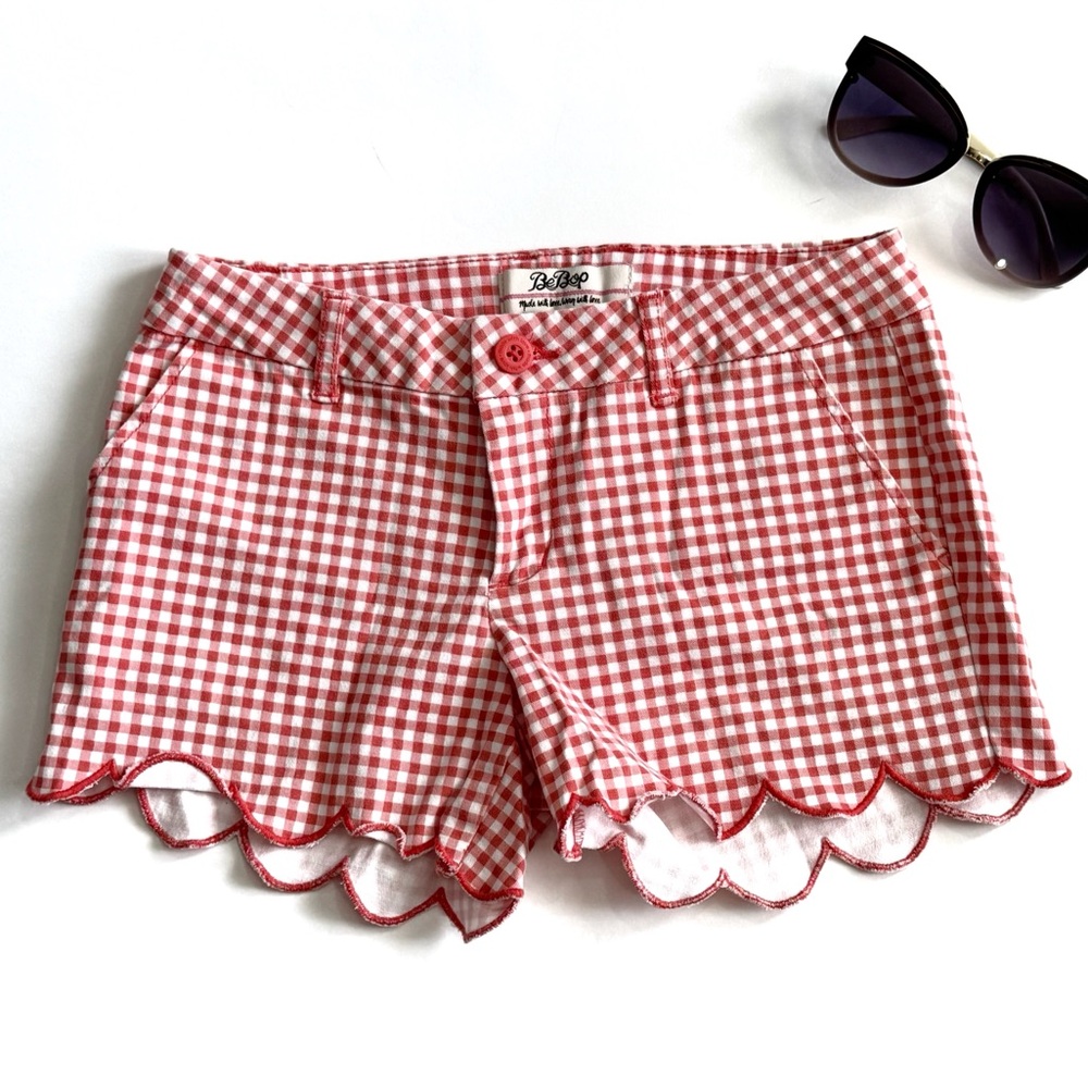 BeBop Short Shorts Womens Juniors XS Size 3 Red White Check Scalloped Hem